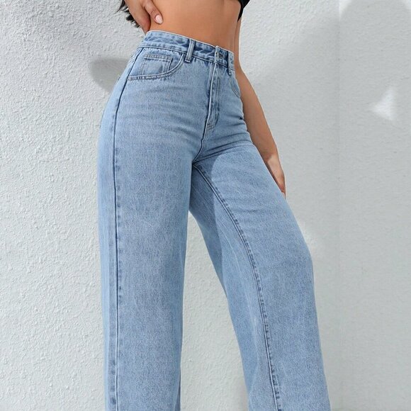 Light Wash Casual Women's Loose Fit Straight-Leg Jeans With Pockets - Picture 5 of 6